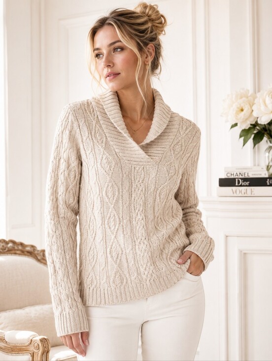 JEANNE PIERRE Sweaters - Jeanne Pierre Cream Cable Knit Cowl Neck Sweater Pullover Size S